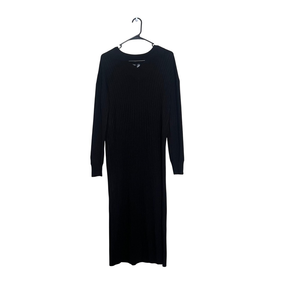 Esmara Black Ribbed Knit V-Neck Midi Dress Lenzing Ecovero Viscose Blend Womens